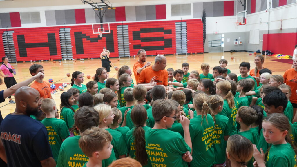 Always Basketball youth summer camp with boys and girls practicing basketball skills in Northville, Michigan