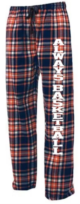 Always Basketball navy and orange plaid flannel pajama pants with white lettering