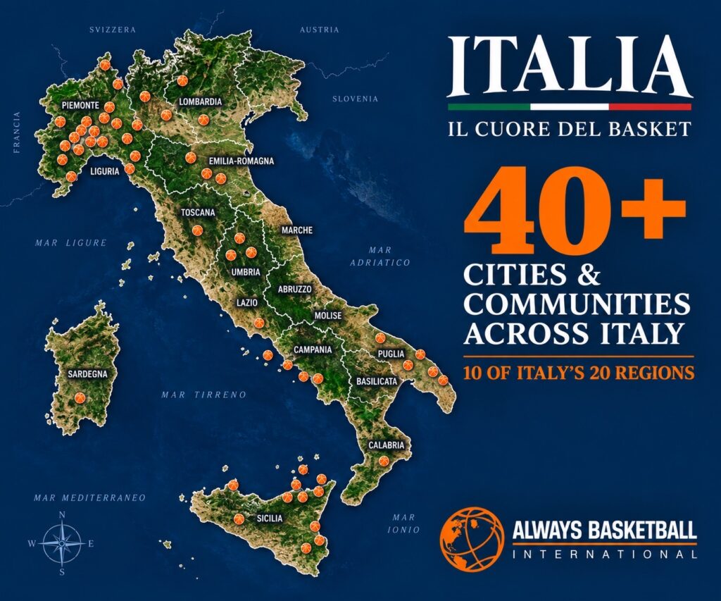 Map of Italy showing 40+ cities and communities reached by Always Basketball International across 10 Italian regions