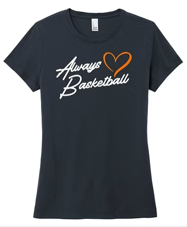 Always Basketball women’s Love shirt with white lettering and orange heart design