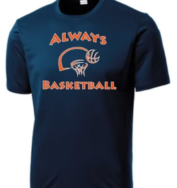 Navy Always Basketball performance T-shirt with the original orange and white logo