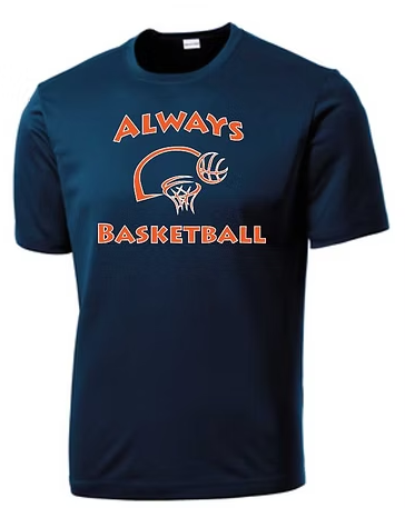Navy Always Basketball performance T-shirt with the original orange and white logo