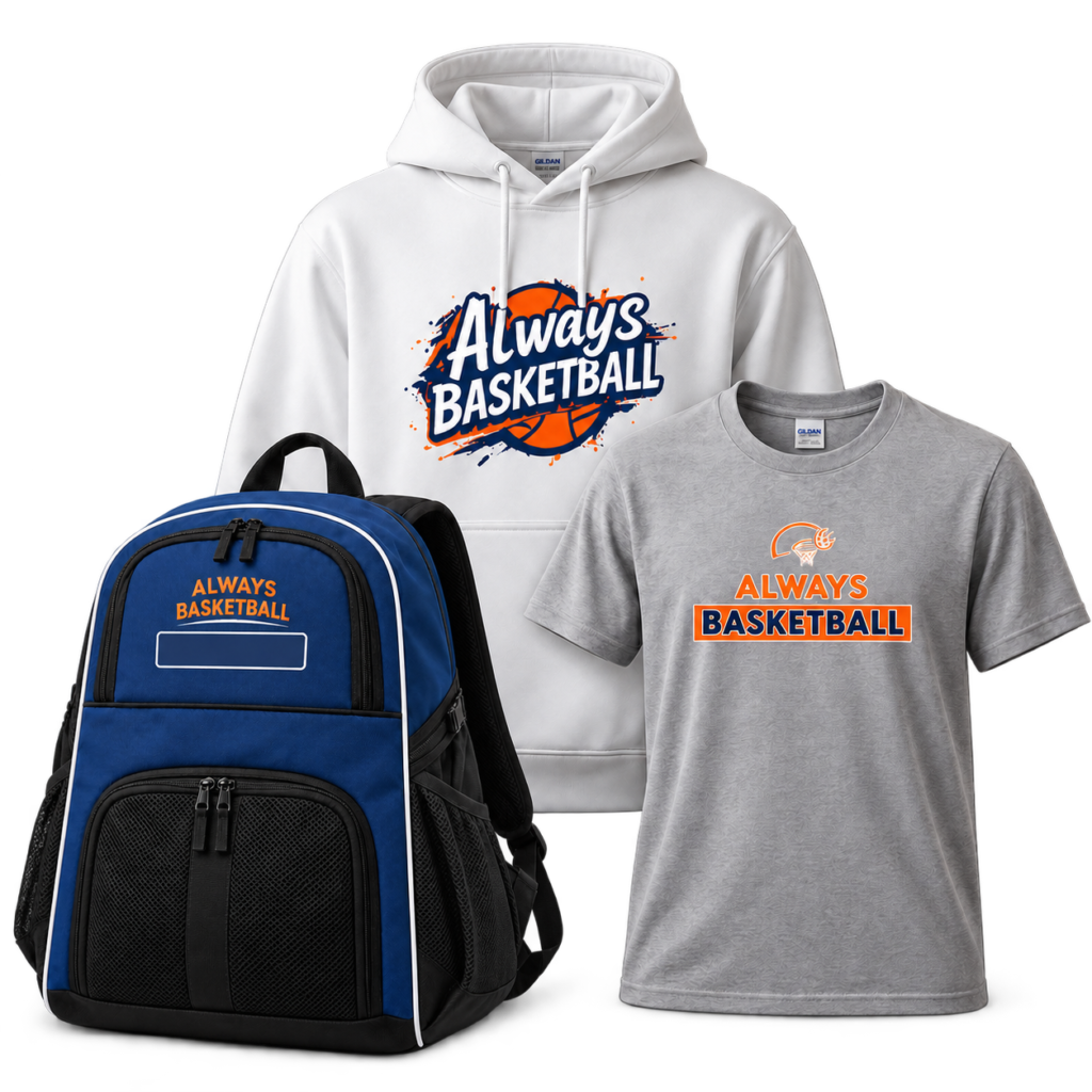 Always Basketball spirit wear featuring a white Splash logo hoodie, blue player backpack, and gray logo T-shirt.