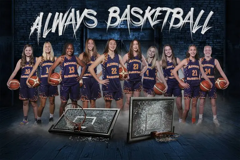 Always Basketball girls team posing with basketballs in navy and orange uniforms.